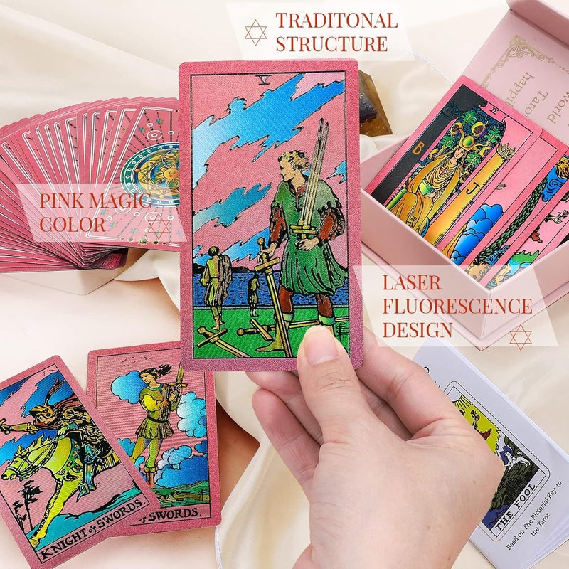 lrjrizzo Tarot Cards for Beginners Pink Tarot Cards with Guide Book Gold Foil with Meanings on Them 78 Classic Origina Rider Waite Taro Deck Fortune Telling Game（Pink） - Image 5